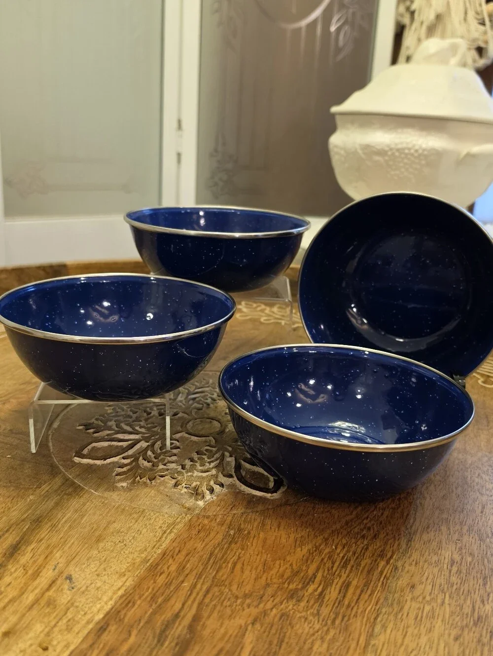 Set of 4 Vintage Blue Speckled Enamelware Metal Camping Bowls 6